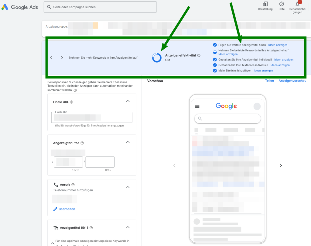 Screenshot der Google-Ads-Anzeigeneffektivität mit Kreisindikator und Checkliste