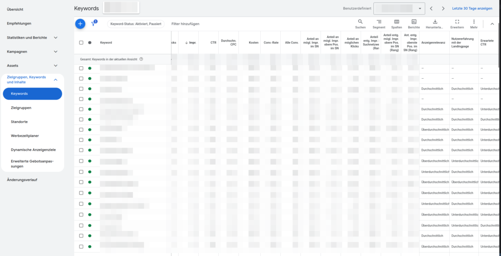 Screenshot der drei Komponenten des Qualitätsfaktors im Google-Ads-Konto