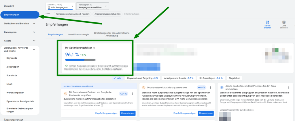 Screenshot des Google-Ads-Kontos mit einem Optimierungsfaktor von 96,1 Prozent