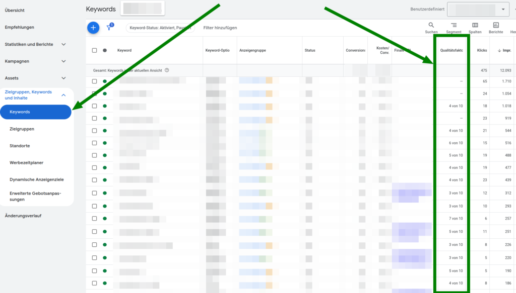Screenshot einer Keyword-Tabelle mit Qualitätsfaktoren zwischen 3 und 7